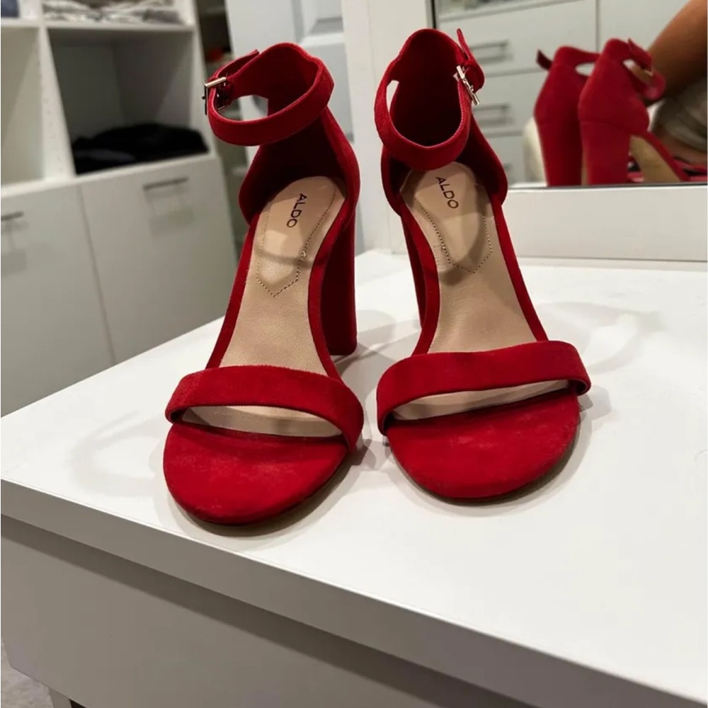 Red suede open toe heels